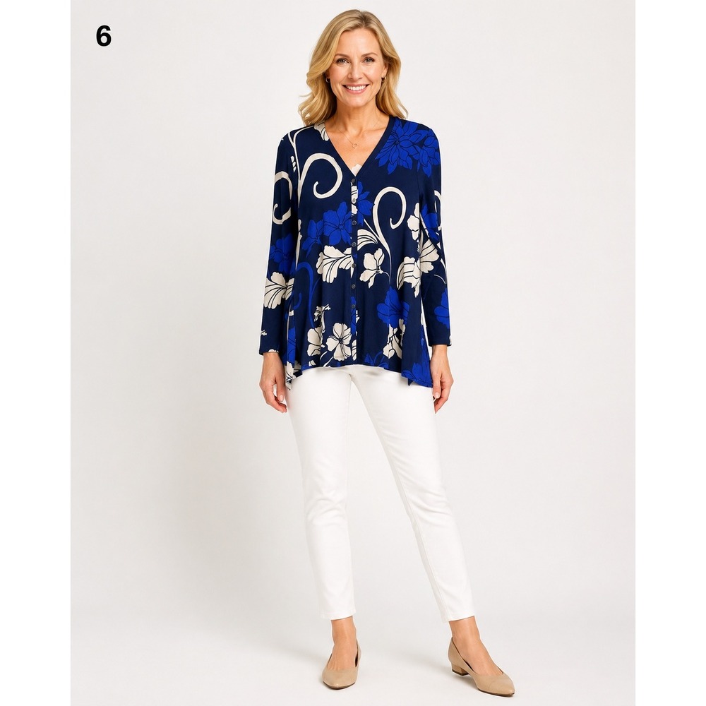 Chicos Travelers Button Front Cardigan Sweater Blue Floral Print Womens 0 4/6